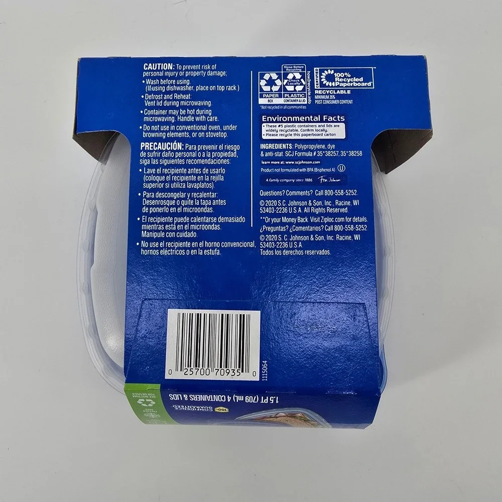 Ziploc Smart Snap 4 Count Square Food Storage Containers 1.5 PT Blue New